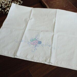 Vintage 1950s Pillowcase, Queen 32" Long, White Cotton With Pink Green And Blue
